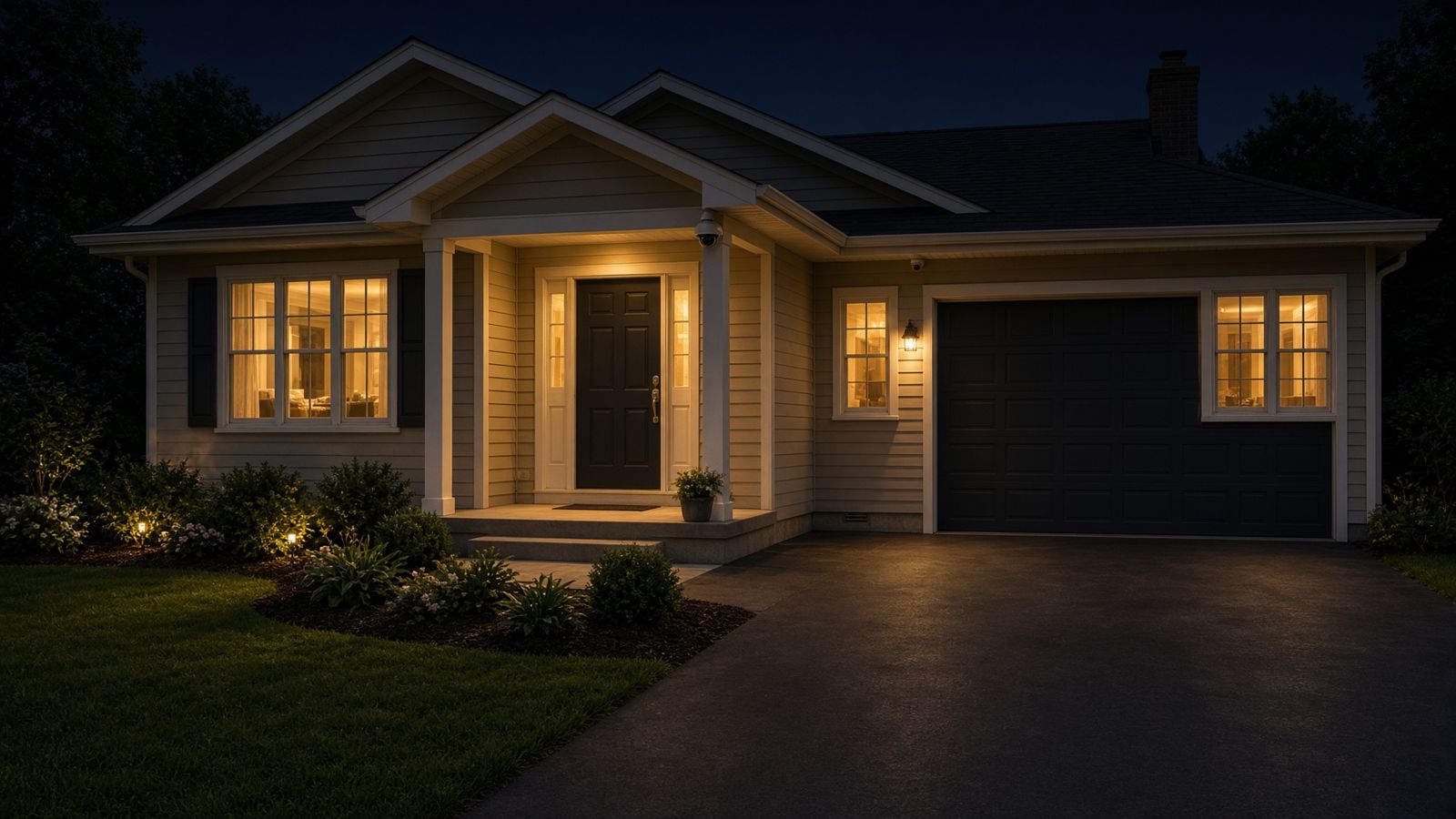 A house at night with a camera covering the door and driveway