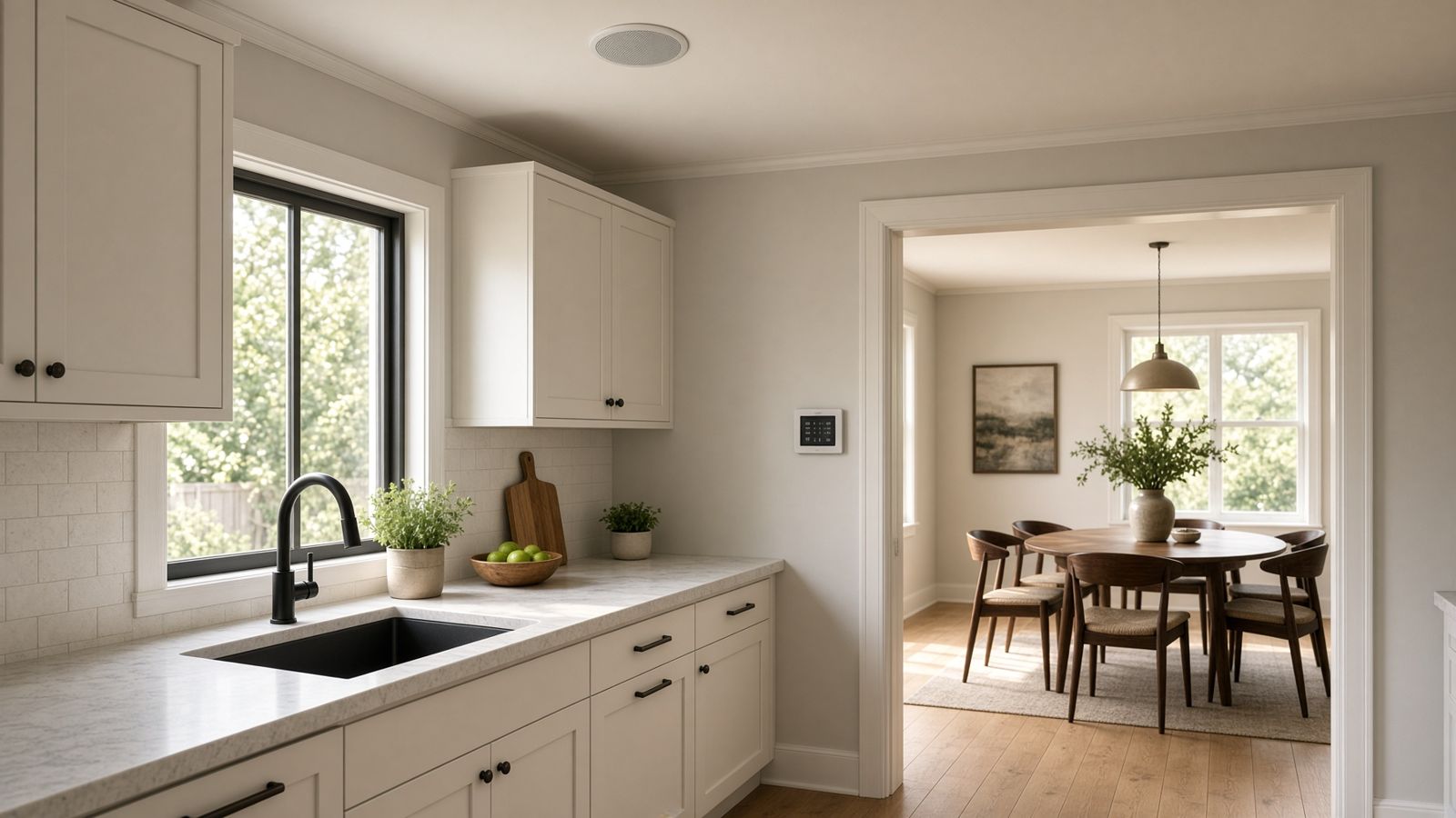 Ceiling speakers in a kitchen and a dining room