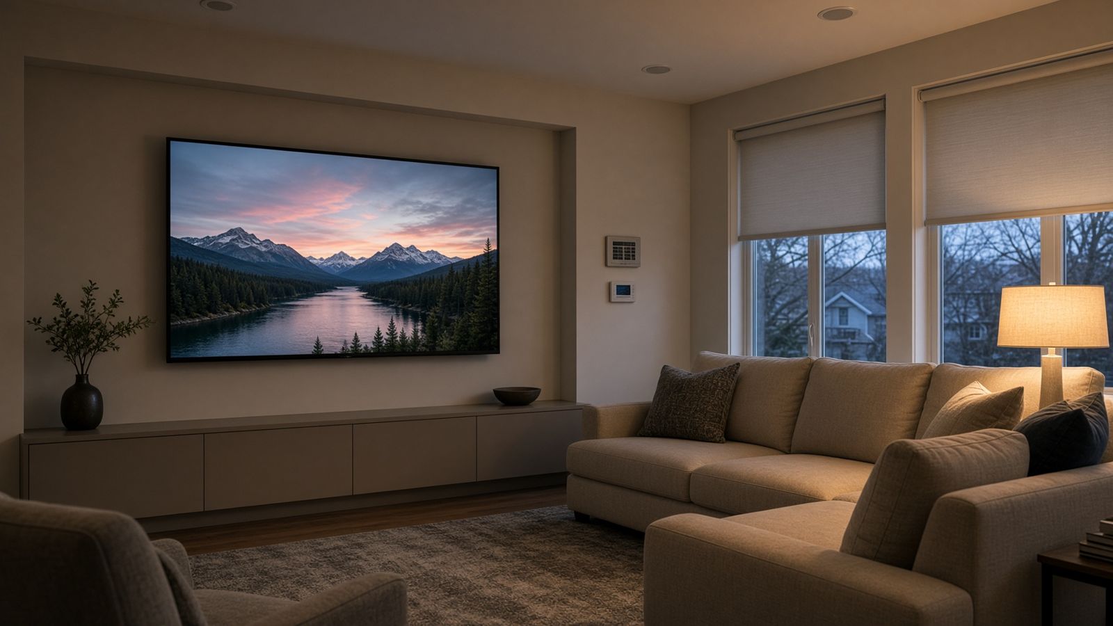 A living room with a television, ceiling speakers, lowered shades, and a thermostat