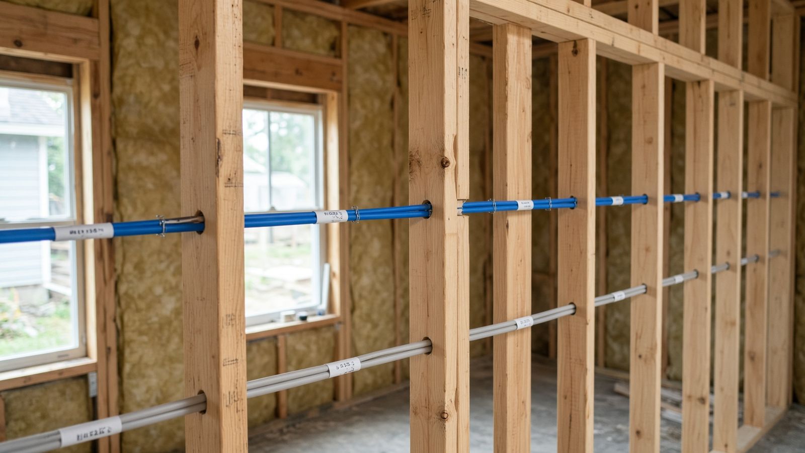 Open studs with cable pulled before the walls are closed
