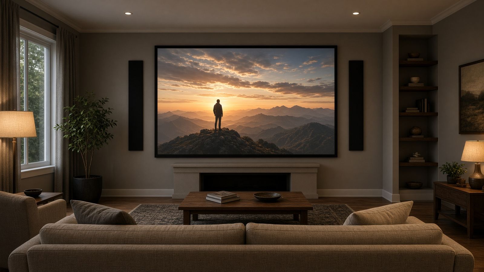 A room set up for movies, screen on, with seating and speakers
